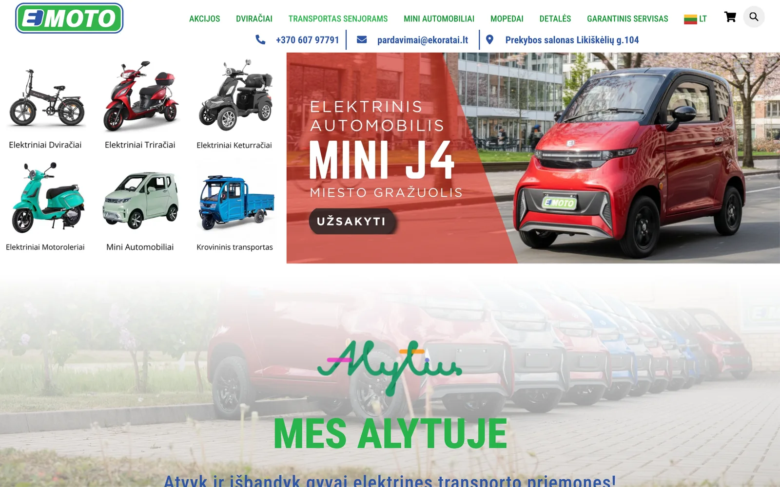 „Ekoratai.lt“ el. parduotuvė: elektrinių transporto priemonių kategorijos ir mini automobilio reklama