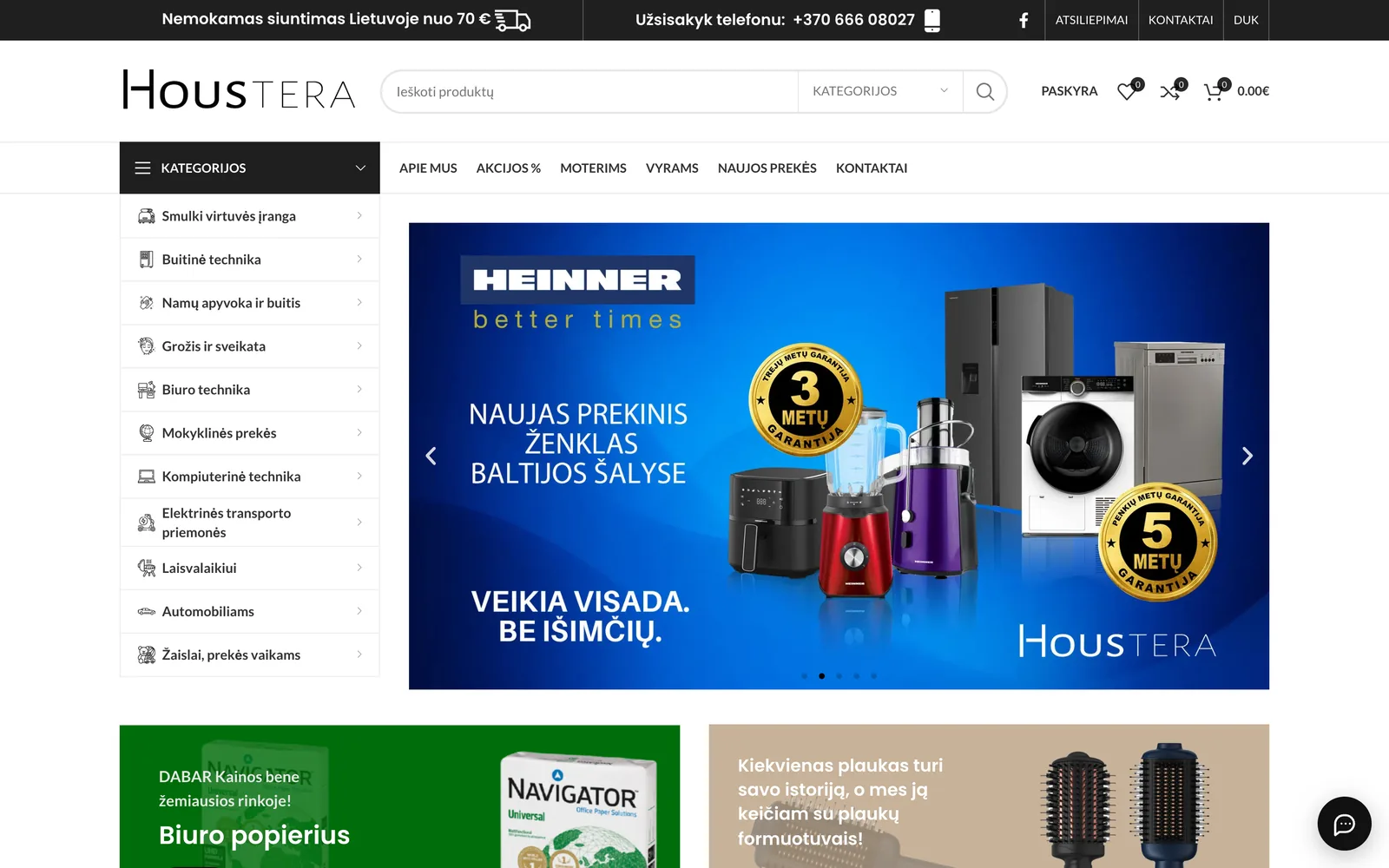 „Houstera.lt“ el. parduotuvės pradinis puslapis: prekių kategorijos ir akcijų reklamjuostės