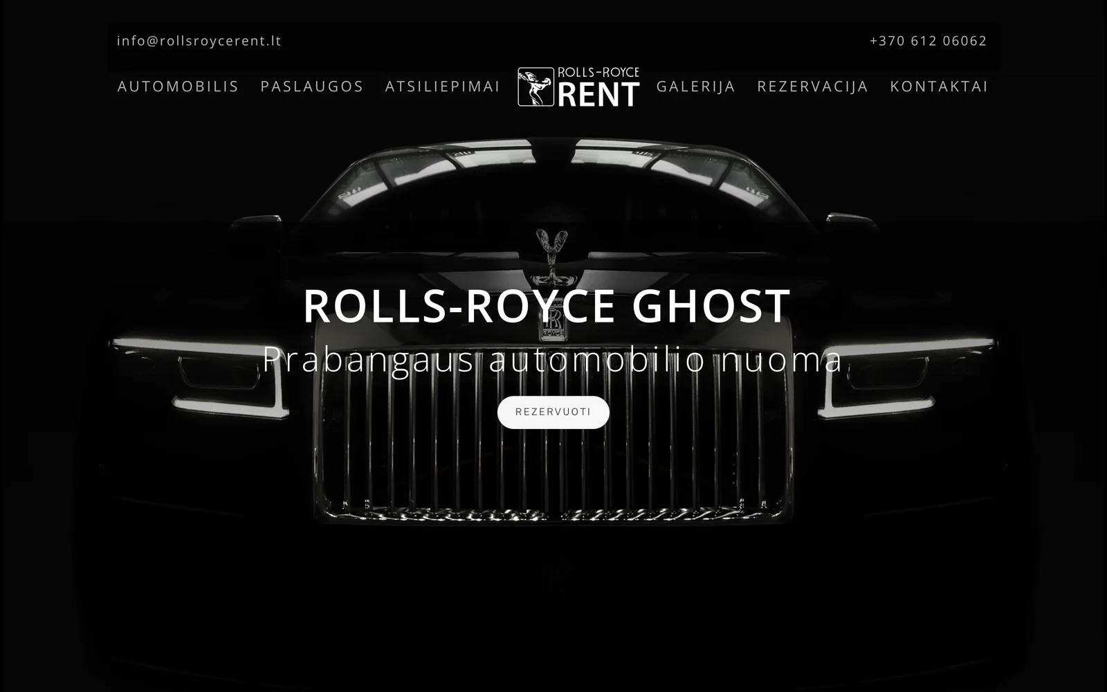 „Rolls-Royce Rent“ pradinis puslapis: „Rolls-Royce Ghost“ nuoma tamsiame fone